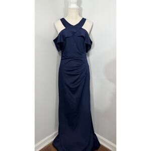 NWT XSCAPE Navy Blue Ruffle Side SCUBA Ruched EVENING Formal Dress GOWN 12 $228